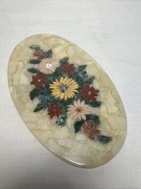 Vintage Mosaic Stone Trivet 10.75x6.5” Italian Alabaster Handmade Pietra Dura